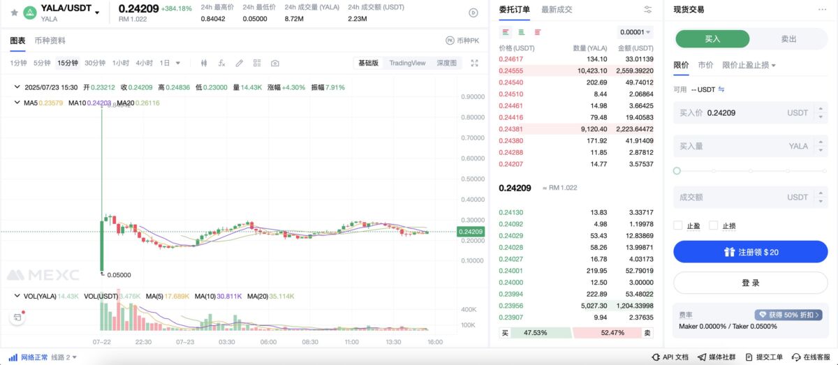 MEXC trading interface showing YALA/USDT market chart with live price