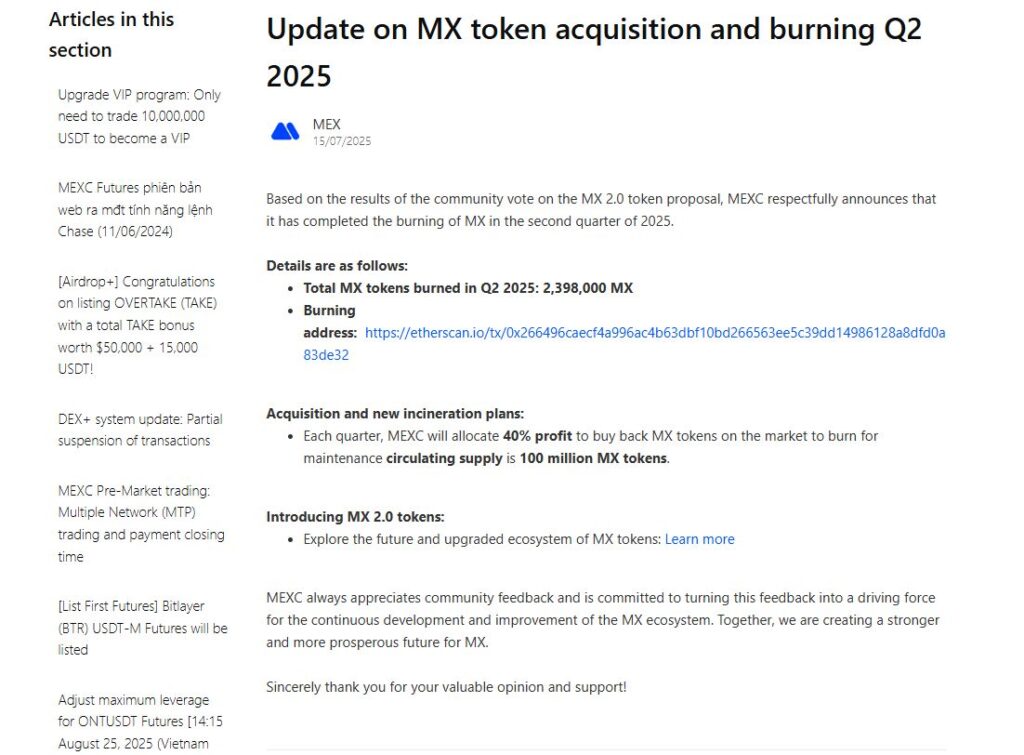 Q2 2025 MX Token Buyback and Burn