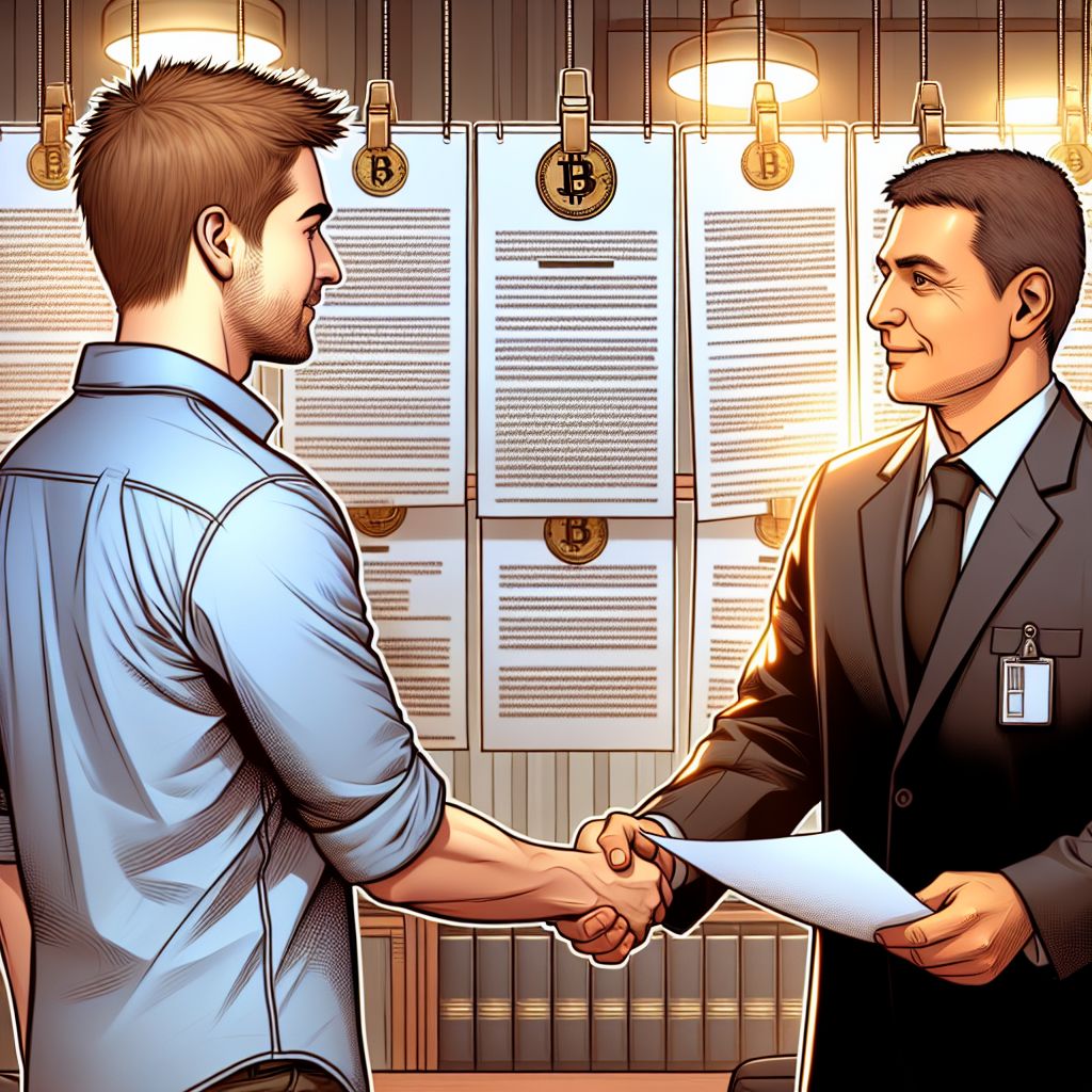 Roger Ver shaking hands with a DOJ official, documents in background.