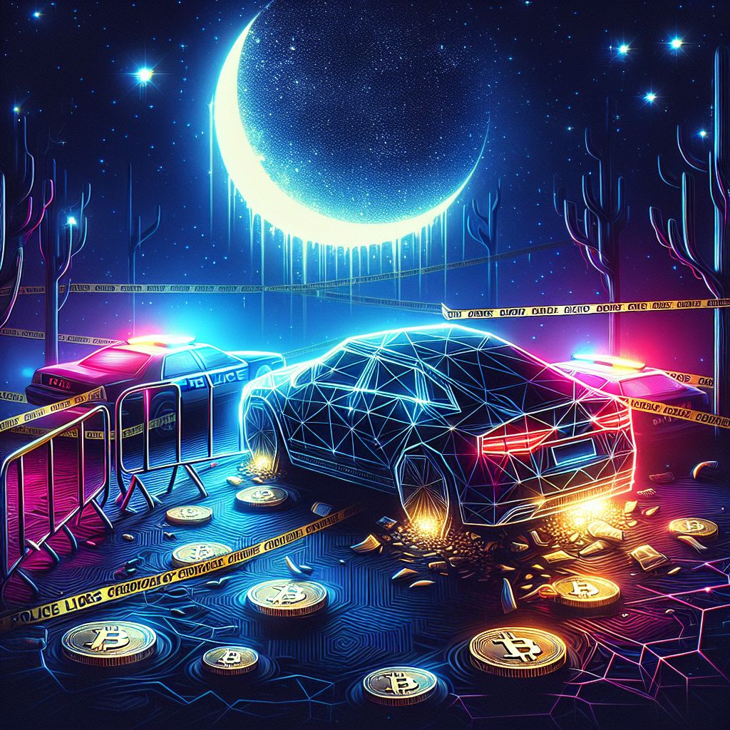 Luxury car at night scene, police tape and flashing lights.