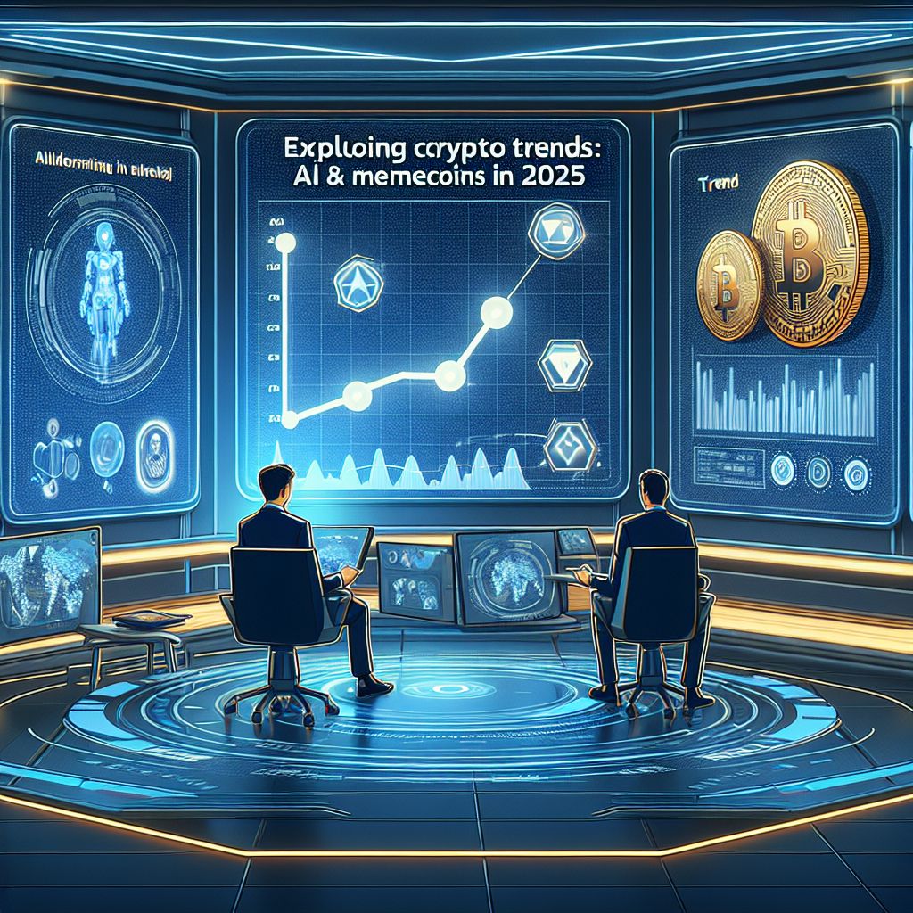 AI and memecoin graphics on digital screens with trends data.