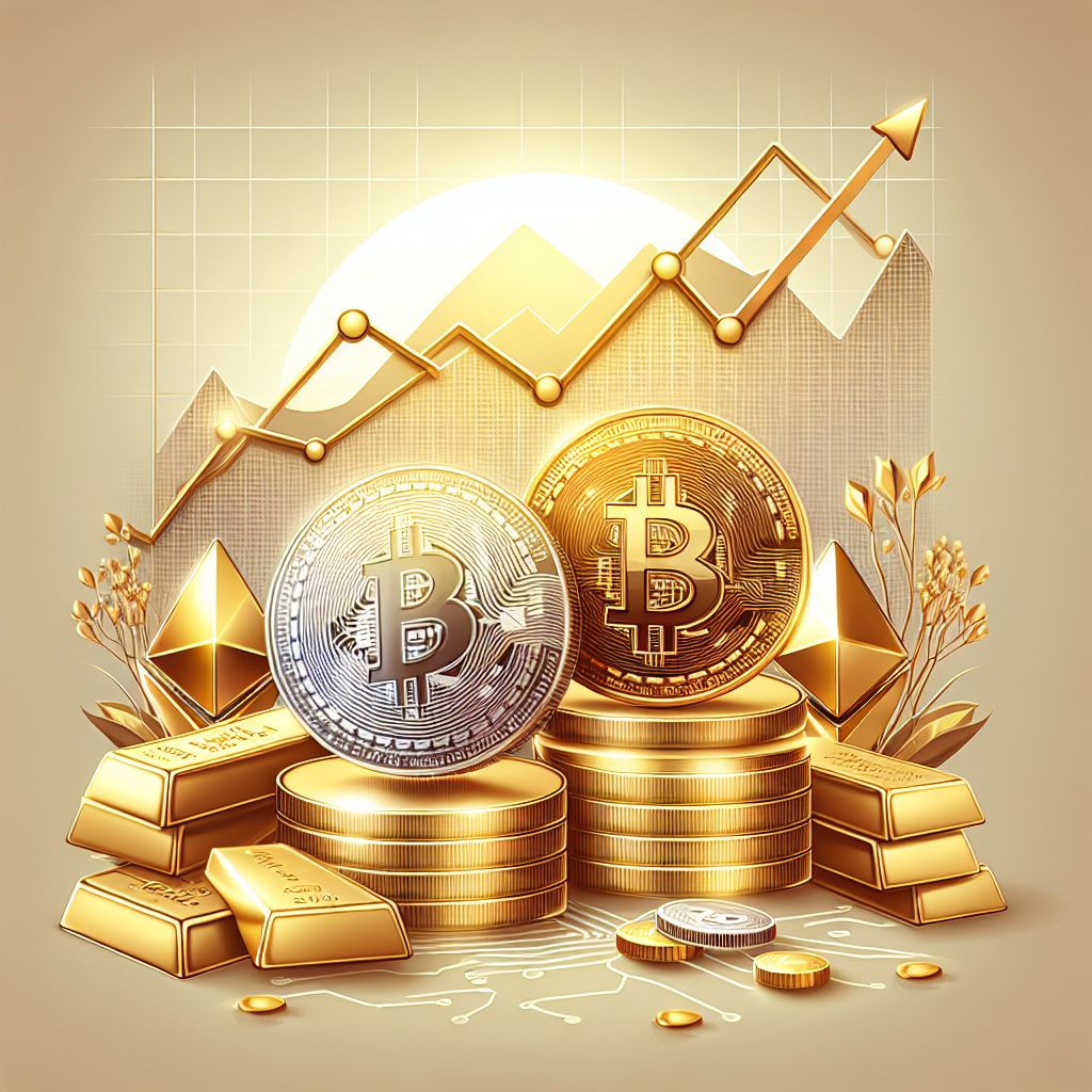 Bitcoin and Ethereum coins with a rising graph and gold bars.