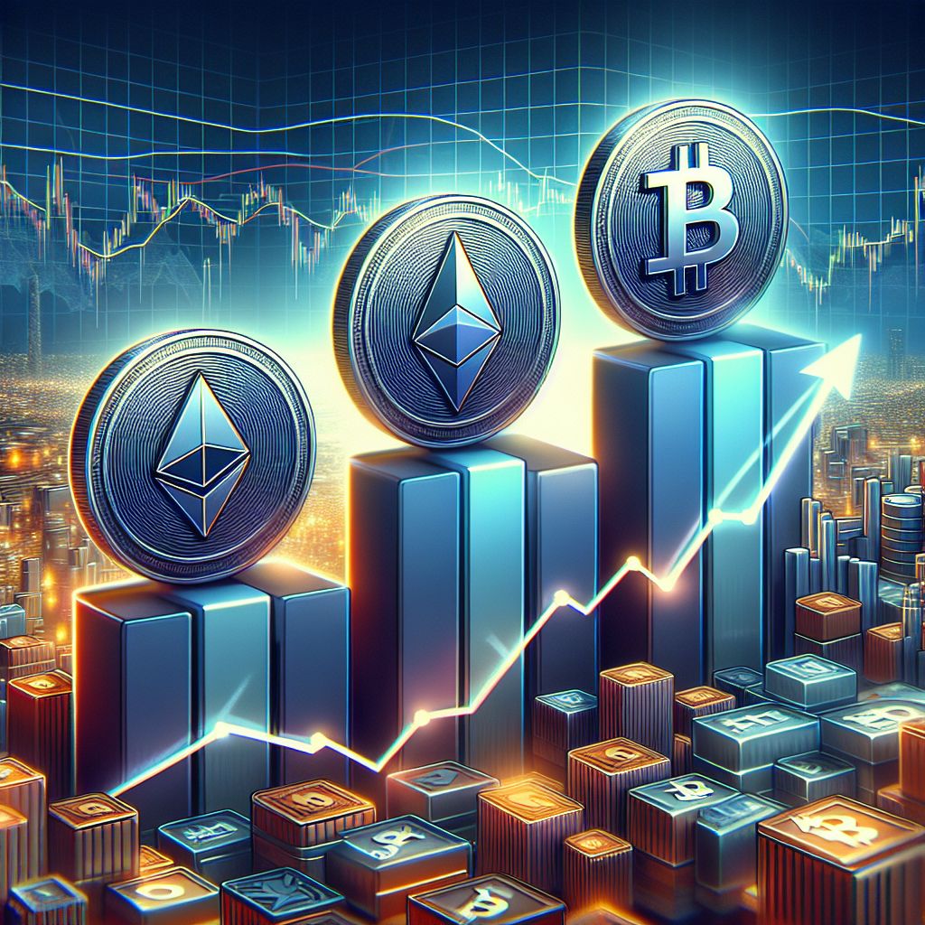 Graph showing three altcoins rising against a market downturn backdrop.