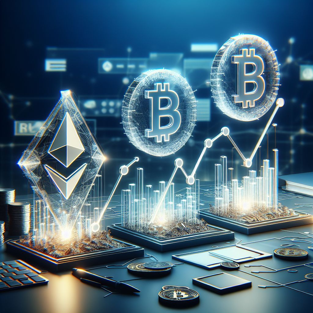 Three cryptocurrencies with rising graphs and futuristic icons.
