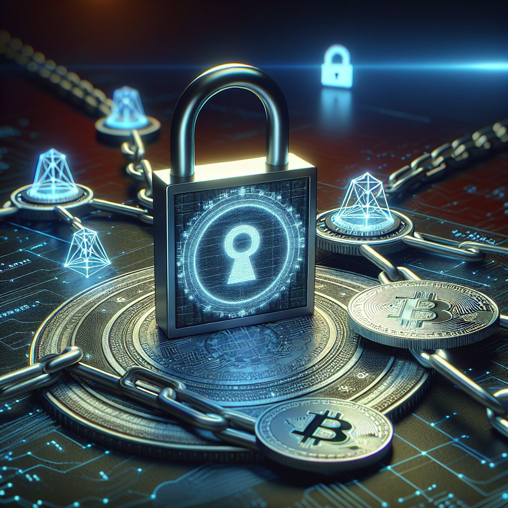 Digital padlock and blockchain links symbolizing privacy and security.