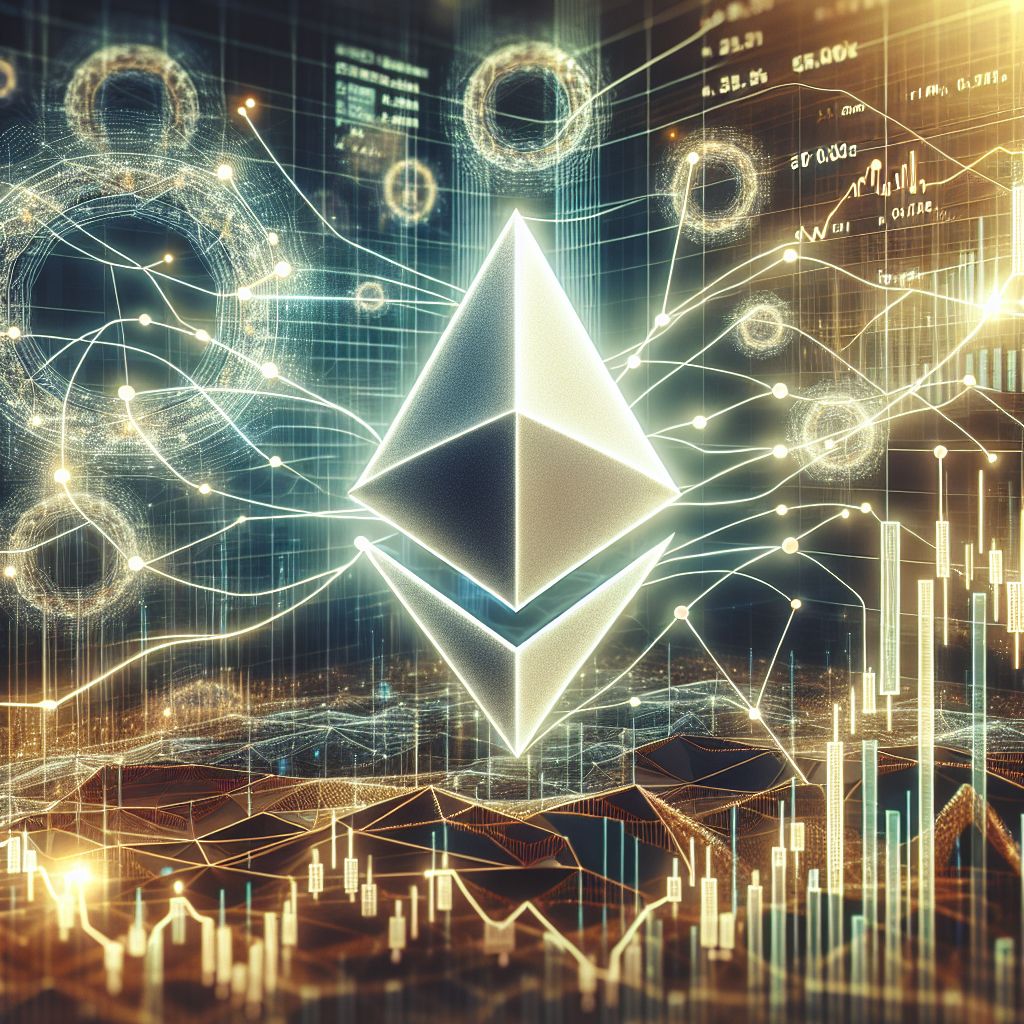 Ethereum network diagram with rising financial graphs.