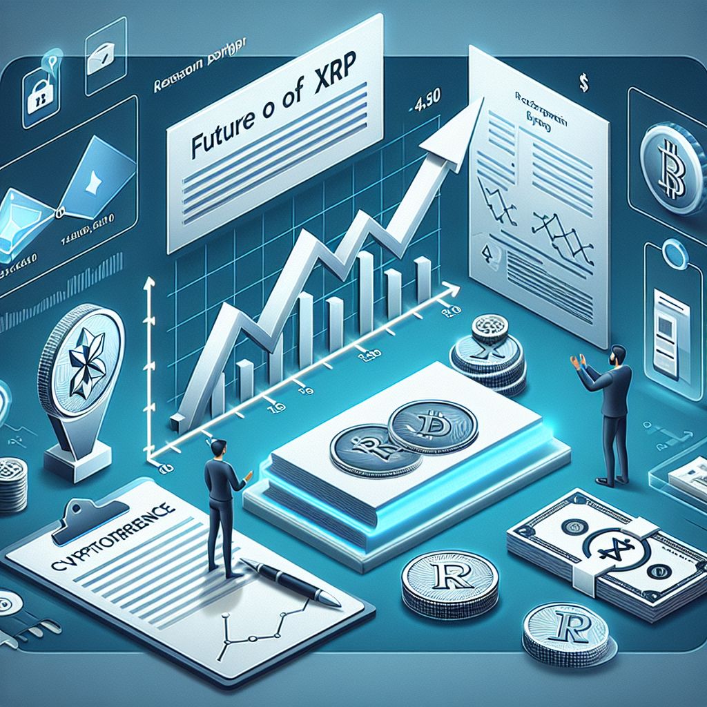 Graph of rising XRP value with legal documents and bank icons.