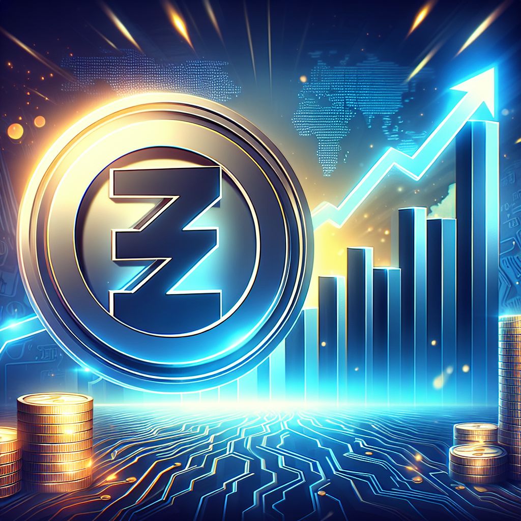 Logo Zcash và biểu đồ tăng giá ngoạn mục.