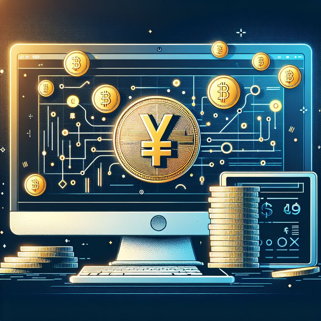 Japanese yen coins and digital currency symbols on a screen.
