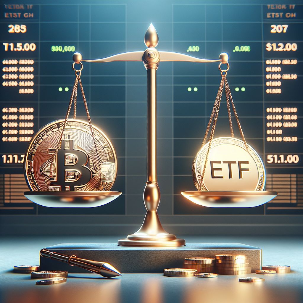 Scales balancing coins and ETF certificates in 2025 setting.