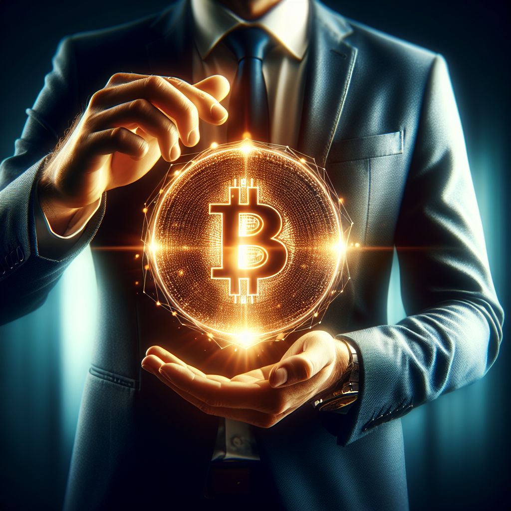 Michael Saylor holding a glowing Bitcoin symbol.