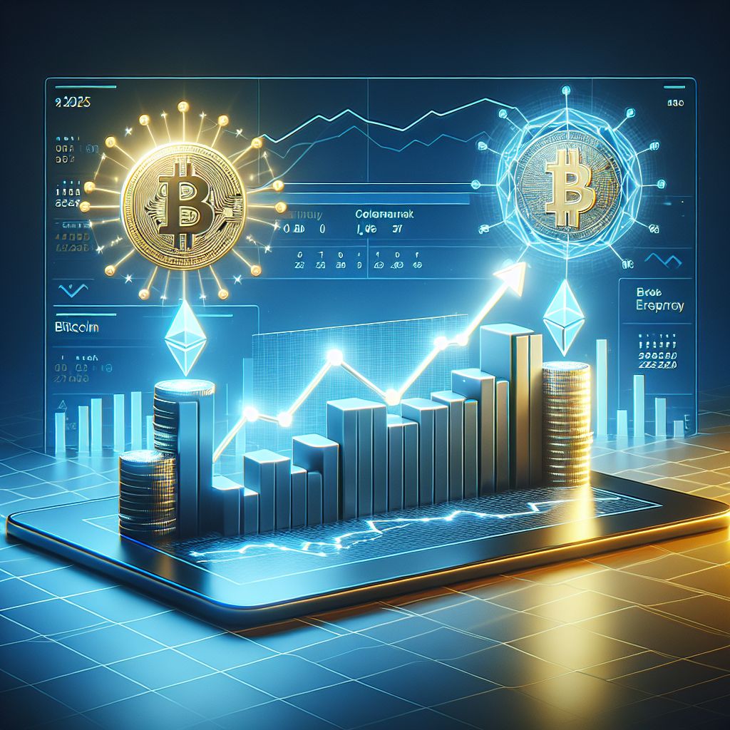 Two cryptocurrencies and a rising graph, 2025 backdrop.