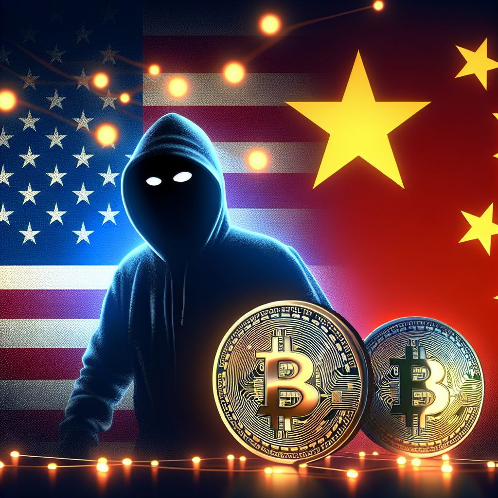 US and Chinese flags with Bitcoin symbols and a hacker silhouette.