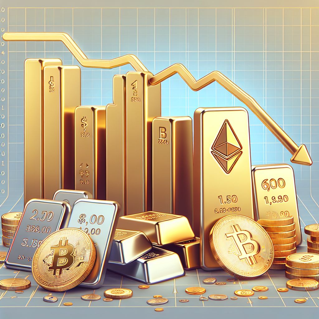 Cryptocurrency price drops contrasted with rising gold and silver bars