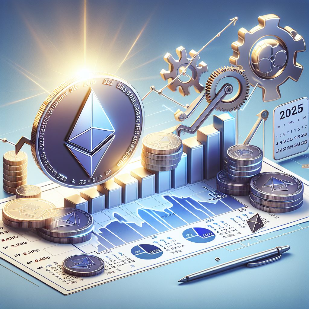 Ethereum coin, rising price chart, upgrade gears and 2025 calendar