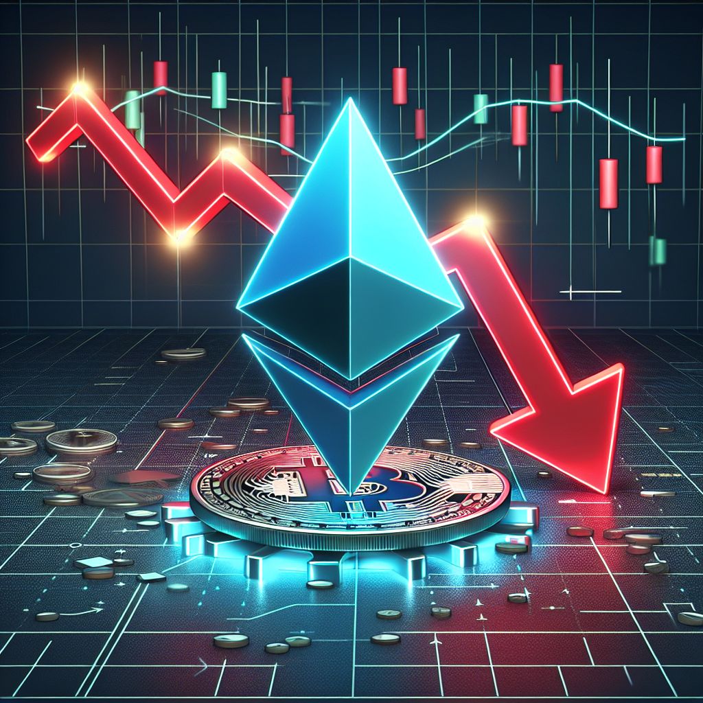 Ether logo beside declining red price chart and downward ETF flow arrows