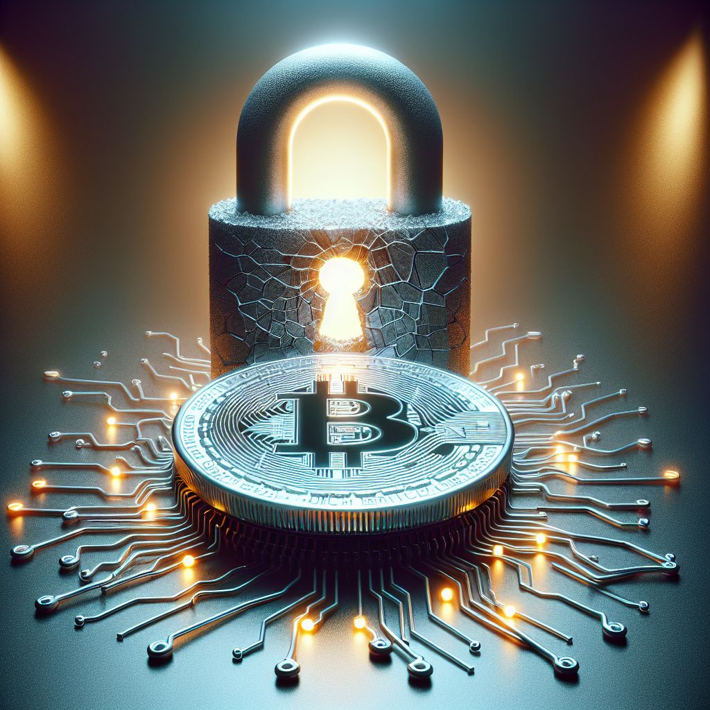 Bitcoin coin beneath glowing quantum chip and cracked padlock warning