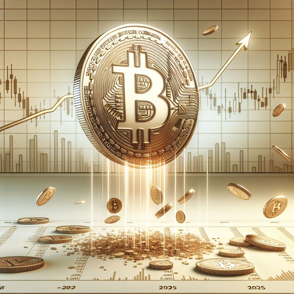 Bitcoin coin over falling price chart and 2025 calendar