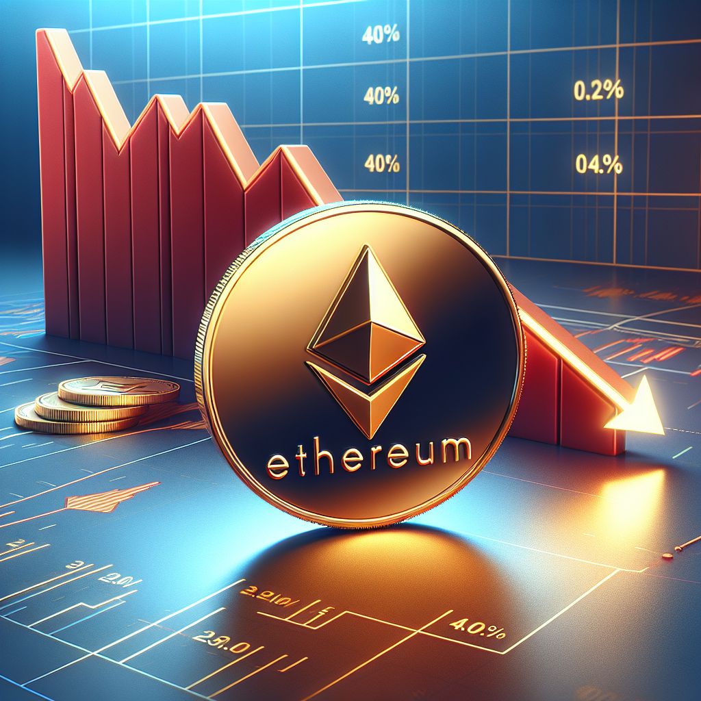 Ethereum coin with red downward chart showing 40% decline since August 2025