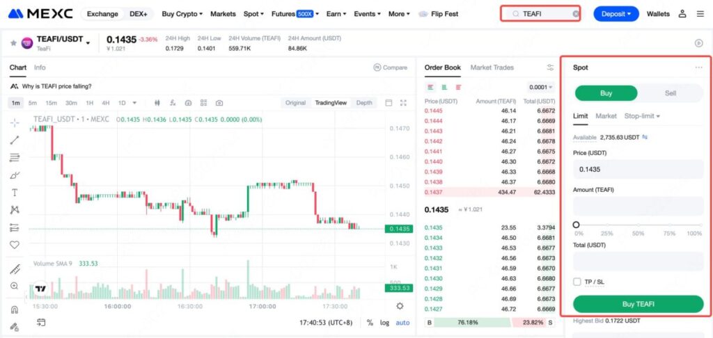 Trade TEAFI on MEXC