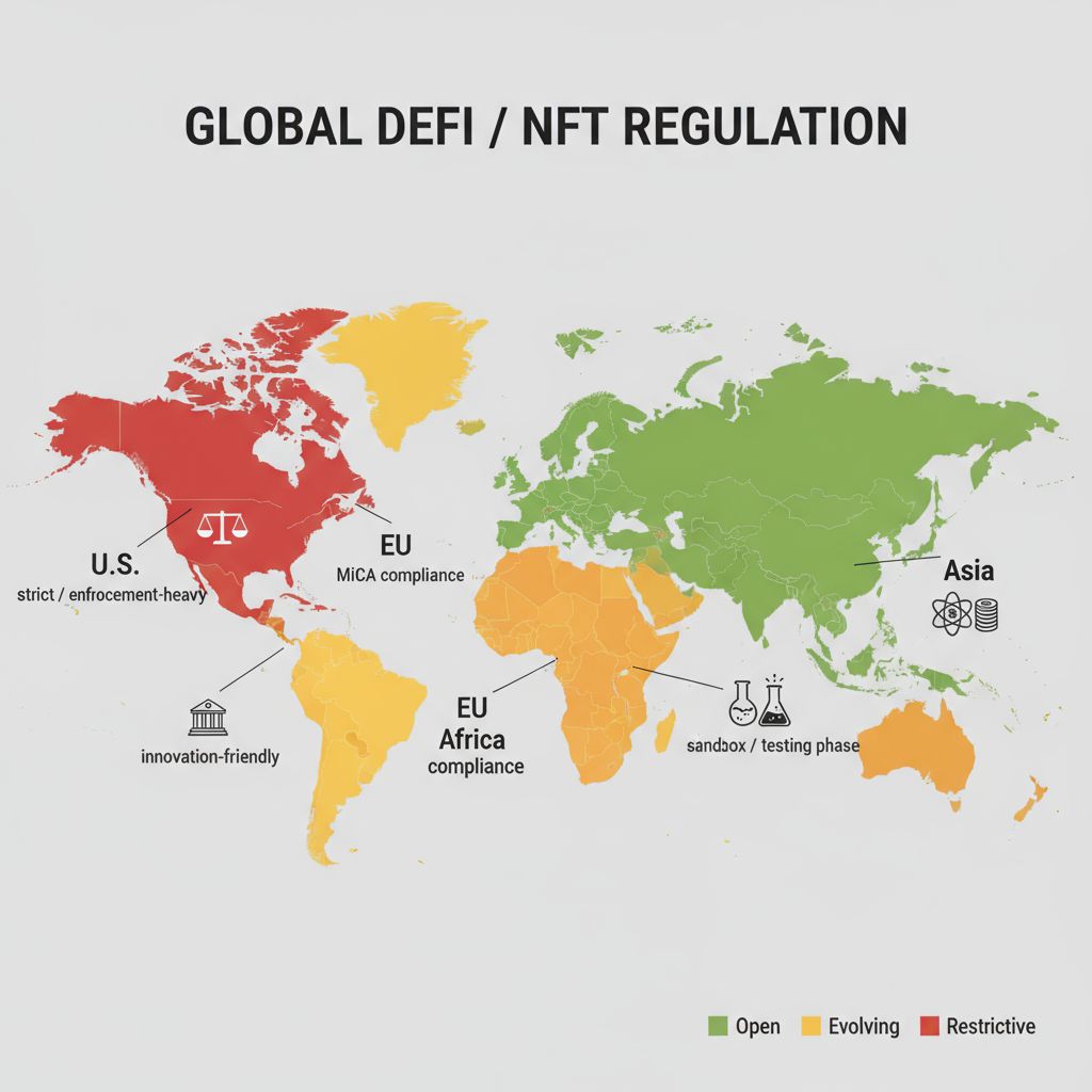 Global map infographic showing DeFi and NFT regulations in the U.S., EU, Asia, and Africa.